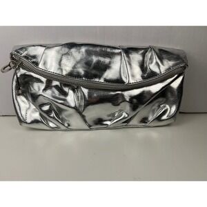 Nine West Silver clutch Handbag Double Zip Prom Night Out Glam Purse